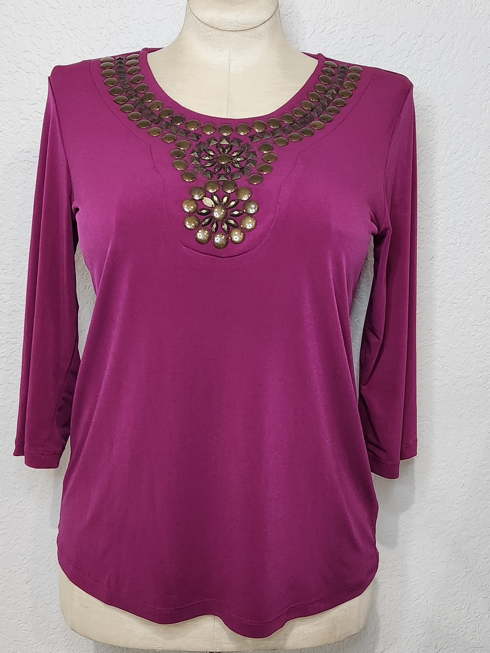 Susan Graver Magenta Long-Sleeve Embellished Tee